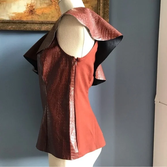 INC International Concepts brown faux croc embossed leather one shoulder top M - Picture 6 of 10